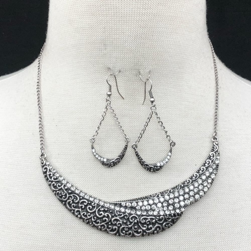 Silver Swirls & Rhinestone Crescent Scoop Necklace Earrings Set